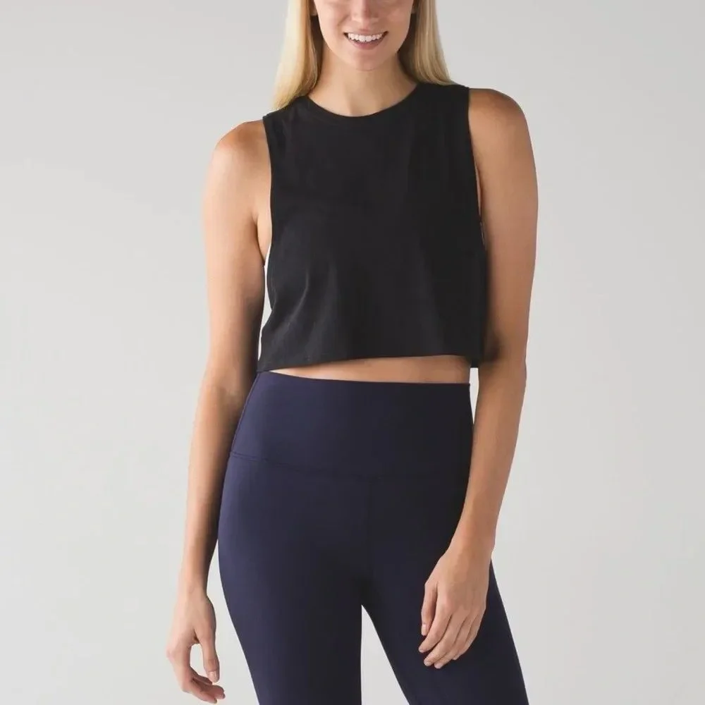 Lululemon Women Tank Top 6 Black Muscle Love Crop Activewear Crew Neck Pullover